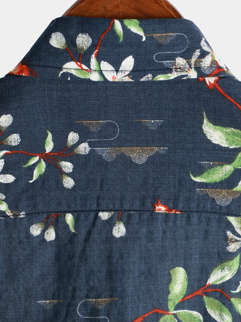 Men's Summer Tropical Floral Print Camp Pocket Navy Blue Button Up Short Sleeve Shirt
