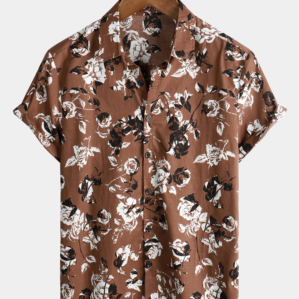 Men's Retro Brown Rose Floral Print Button Up Hawaiian Holiday Short Sleeve Shirt