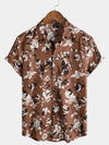 Men's Retro Brown Rose Floral Print Button Up Hawaiian Holiday Short Sleeve Shirt