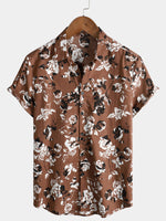Men's Retro Brown Rose Floral Print Button Up Hawaiian Holiday Short Sleeve Shirt