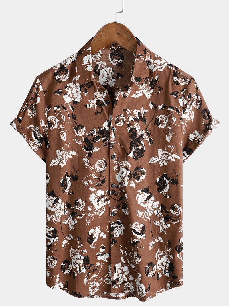 Men's Retro Brown Rose Floral Print Button Up Hawaiian Holiday Short Sleeve Shirt