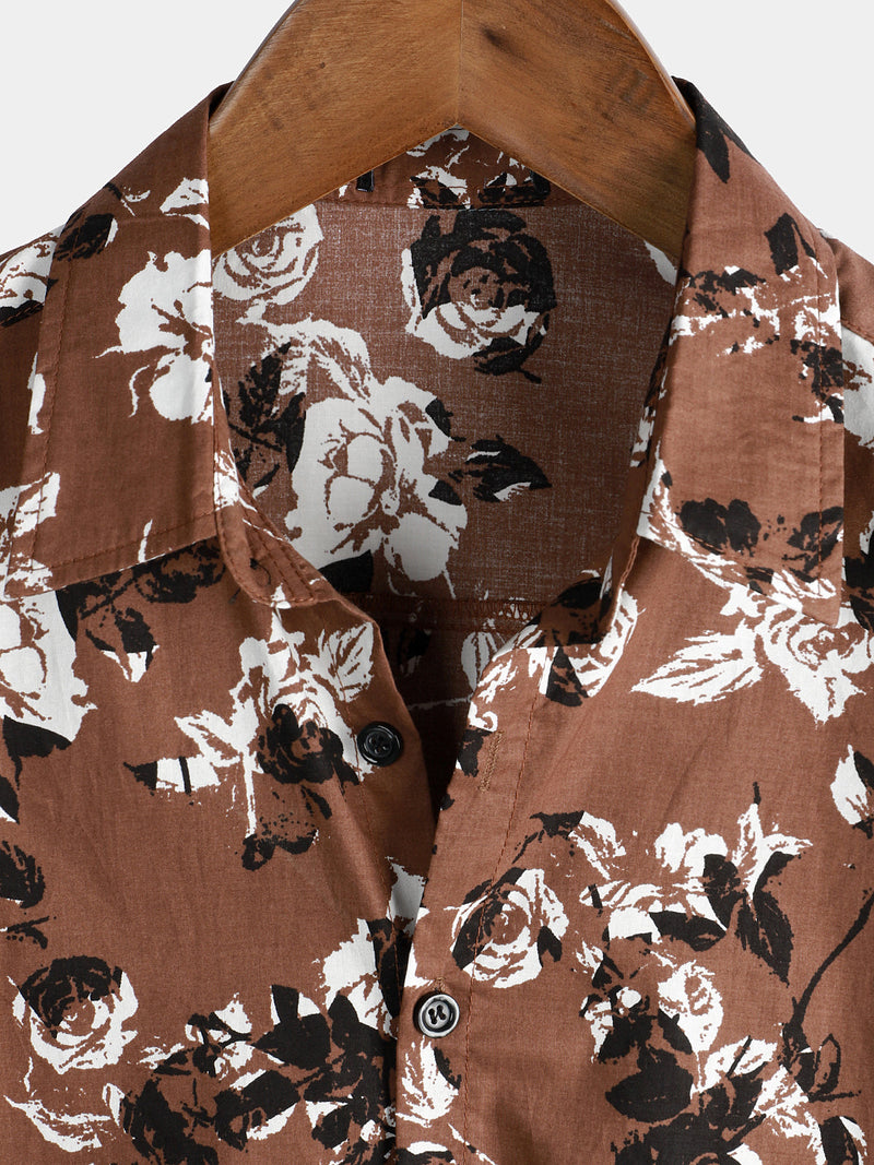 Men's Retro Brown Rose Floral Print Button Up Hawaiian Holiday Short Sleeve Shirt