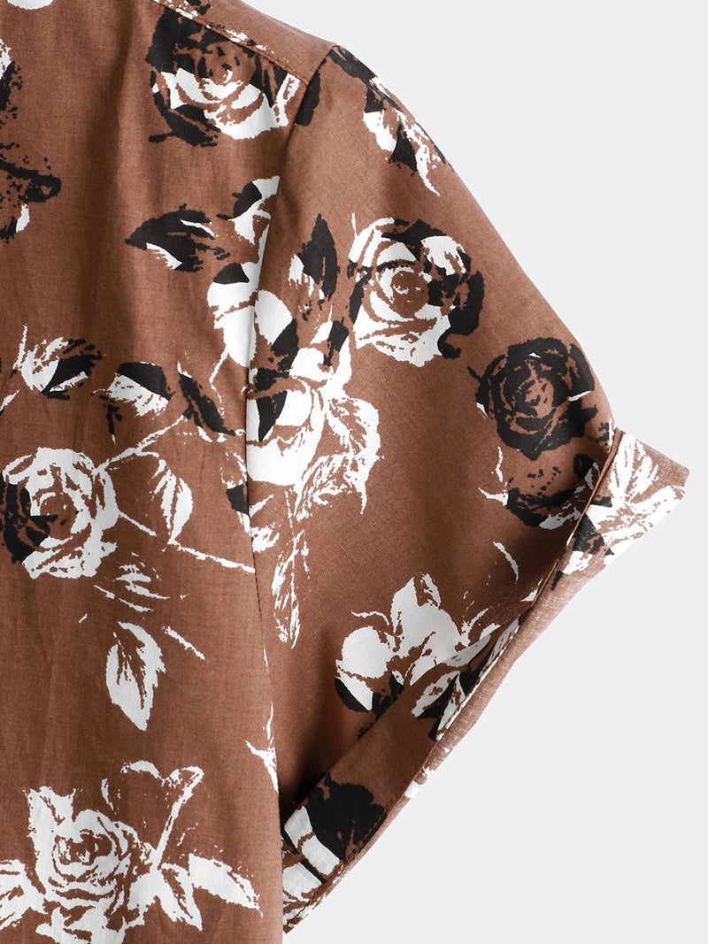 Men's Retro Brown Rose Floral Print Button Up Hawaiian Holiday Short Sleeve Shirt