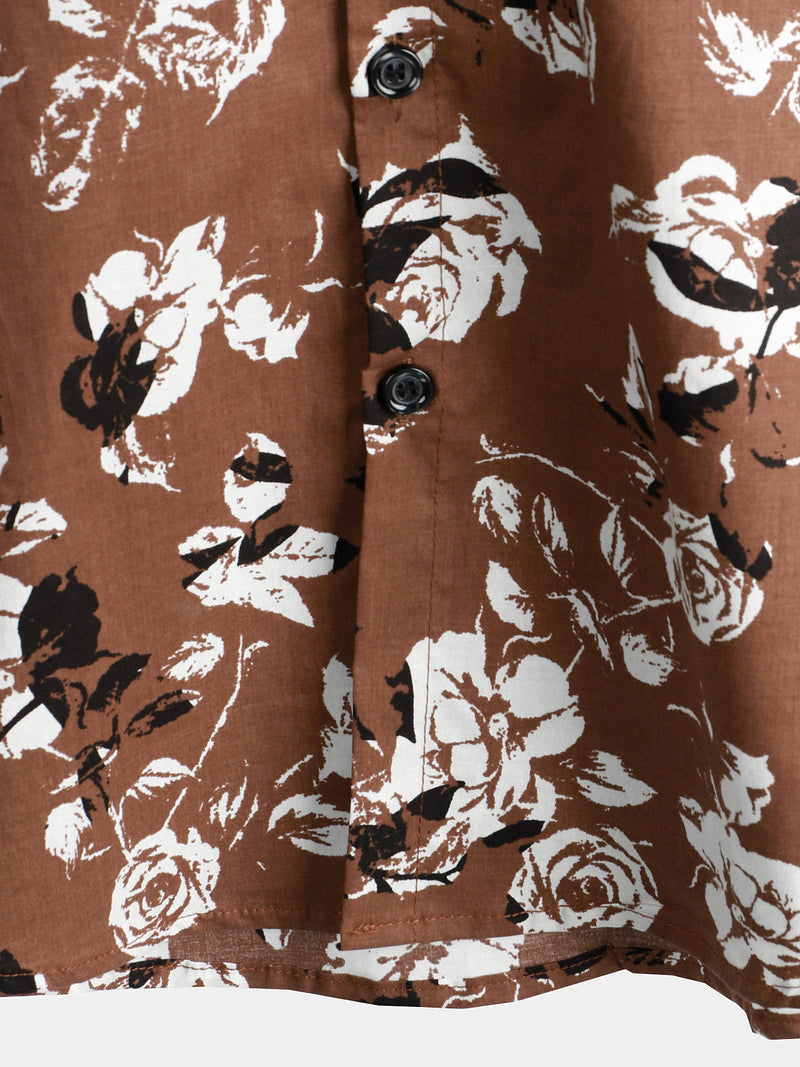 Men's Retro Brown Rose Floral Print Button Up Hawaiian Holiday Short Sleeve Shirt