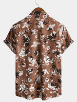 Men's Retro Brown Rose Floral Print Button Up Hawaiian Holiday Short Sleeve Shirt