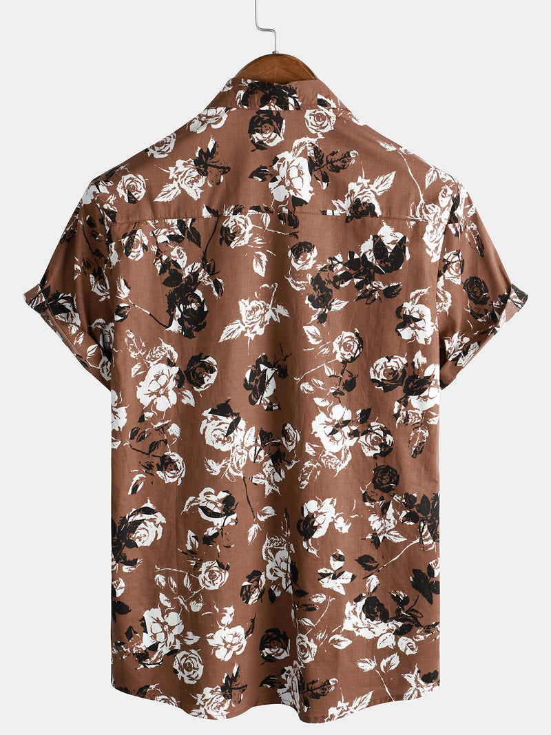 Men's Retro Brown Rose Floral Print Button Up Hawaiian Holiday Short Sleeve Shirt