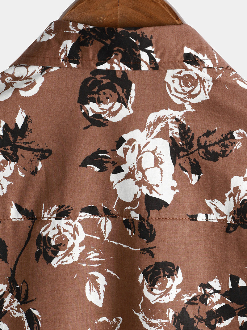 Men's Retro Brown Rose Floral Print Button Up Hawaiian Holiday Short Sleeve Shirt
