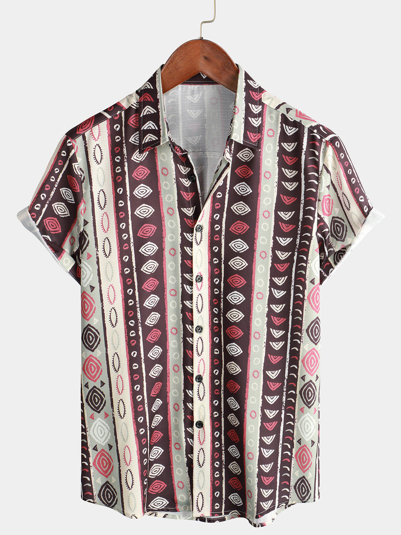 Men's Retro Casual Striped Vintage Short Sleeve Button Up Lapel Shirt