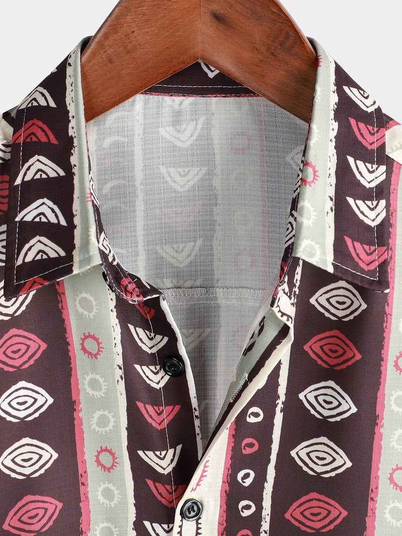Men's Retro Casual Striped Vintage Short Sleeve Button Up Lapel Shirt