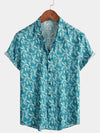 Men's Blue Floral Print Retro Flower Holiday Cotton Beach Short Sleeve Breathable Button Up Shirt