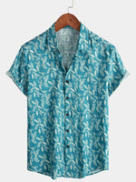 Men's Blue Floral Print Retro Flower Holiday Cotton Beach Short Sleeve Breathable Button Up Shirt