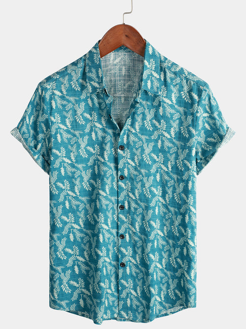 Men's Blue Floral Print Retro Flower Holiday Cotton Beach Short Sleeve Breathable Button Up Shirt