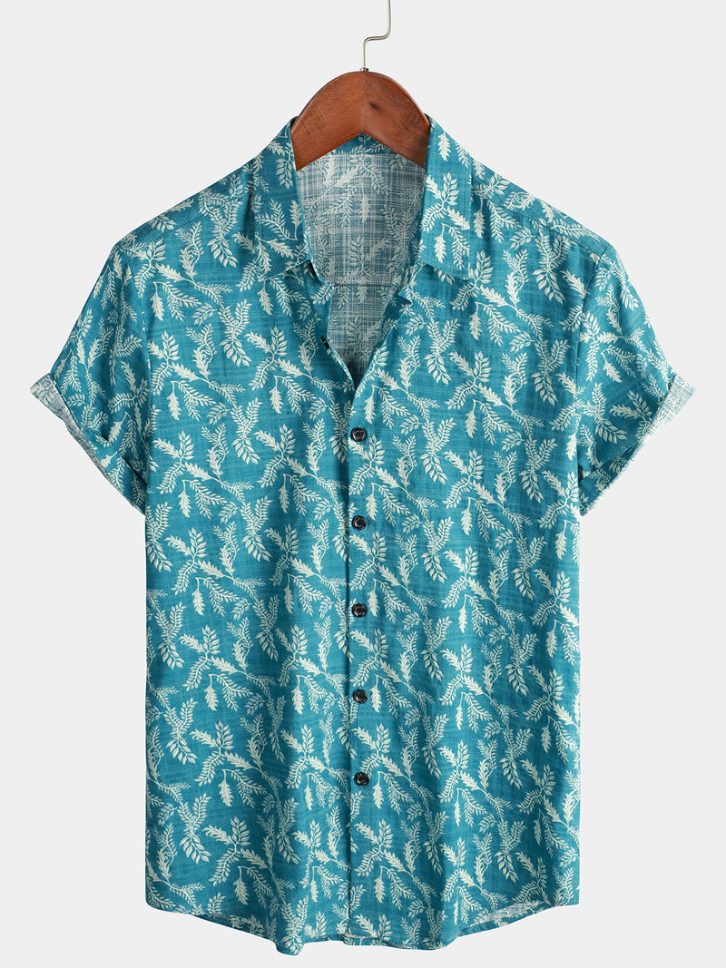 Men's Blue Floral Print Retro Flower Holiday Cotton Beach Short Sleeve Breathable Button Up Shirt