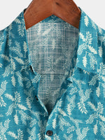 Men's Blue Floral Print Retro Flower Holiday Cotton Beach Short Sleeve Breathable Button Up Shirt