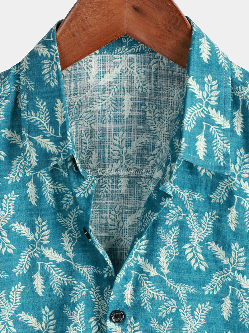 Men's Blue Floral Print Retro Flower Holiday Cotton Beach Short Sleeve Breathable Button Up Shirt