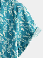 Men's Blue Floral Print Retro Flower Holiday Cotton Beach Short Sleeve Breathable Button Up Shirt