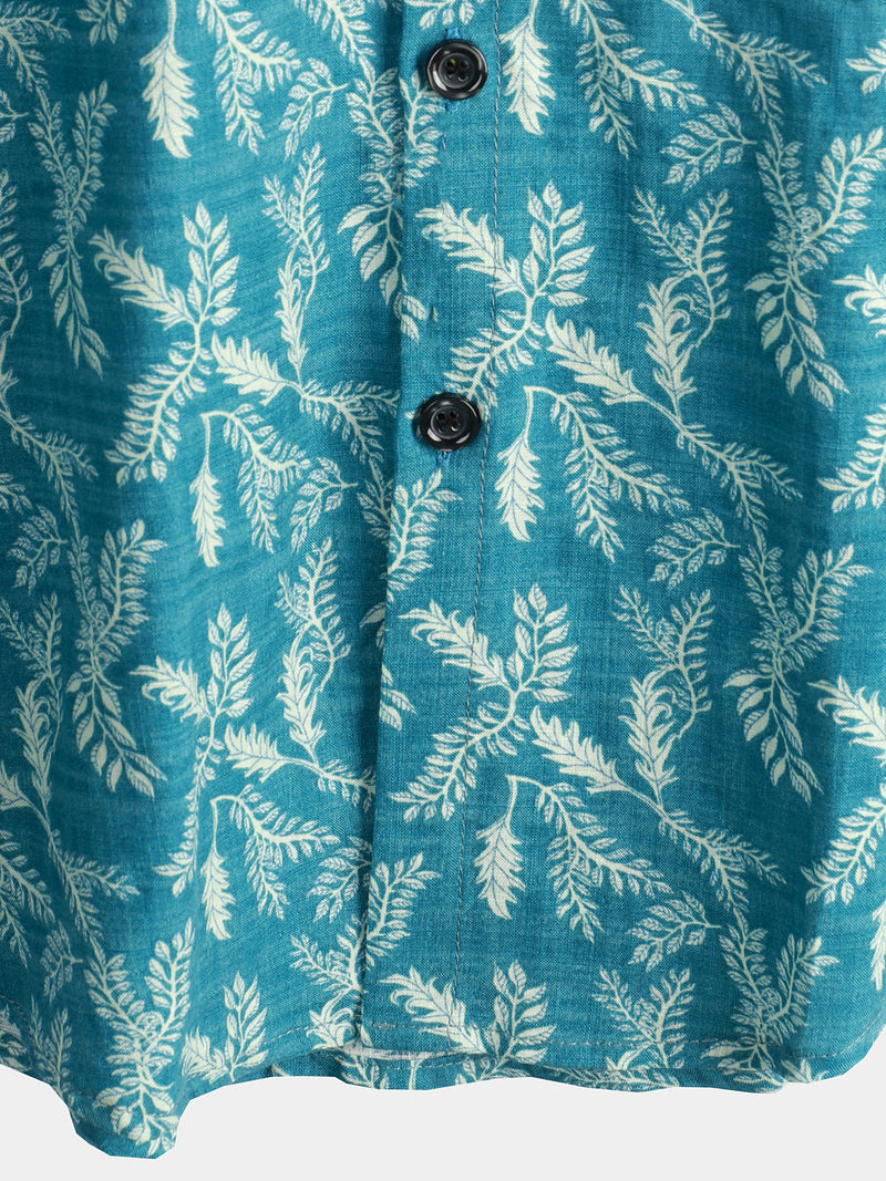 Men's Blue Floral Print Retro Flower Holiday Cotton Beach Short Sleeve Breathable Button Up Shirt