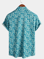 Men's Blue Floral Print Retro Flower Holiday Cotton Beach Short Sleeve Breathable Button Up Shirt