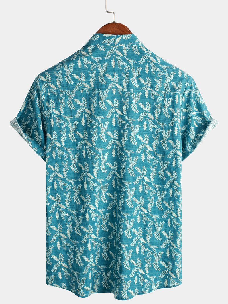 Men's Blue Floral Print Retro Flower Holiday Cotton Beach Short Sleeve Breathable Button Up Shirt