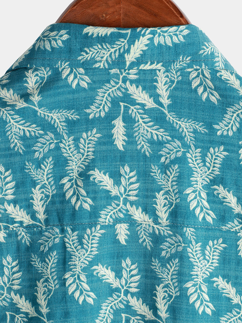 Men's Blue Floral Print Retro Flower Holiday Cotton Beach Short Sleeve Breathable Button Up Shirt