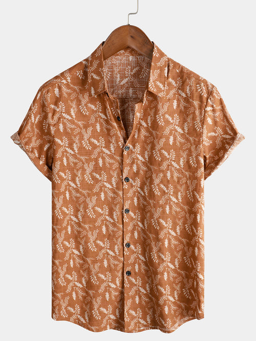 Men's Floral Print Vintage Brown Flower Holiday Cotton Retro Short Sleeve Breathable Button Up Shirt