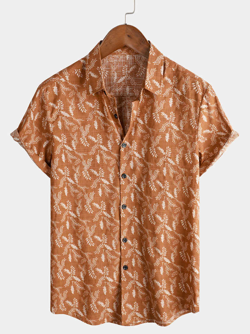 Men's Floral Print Vintage Brown Flower Holiday Cotton Retro Short Sleeve Breathable Button Up Shirt