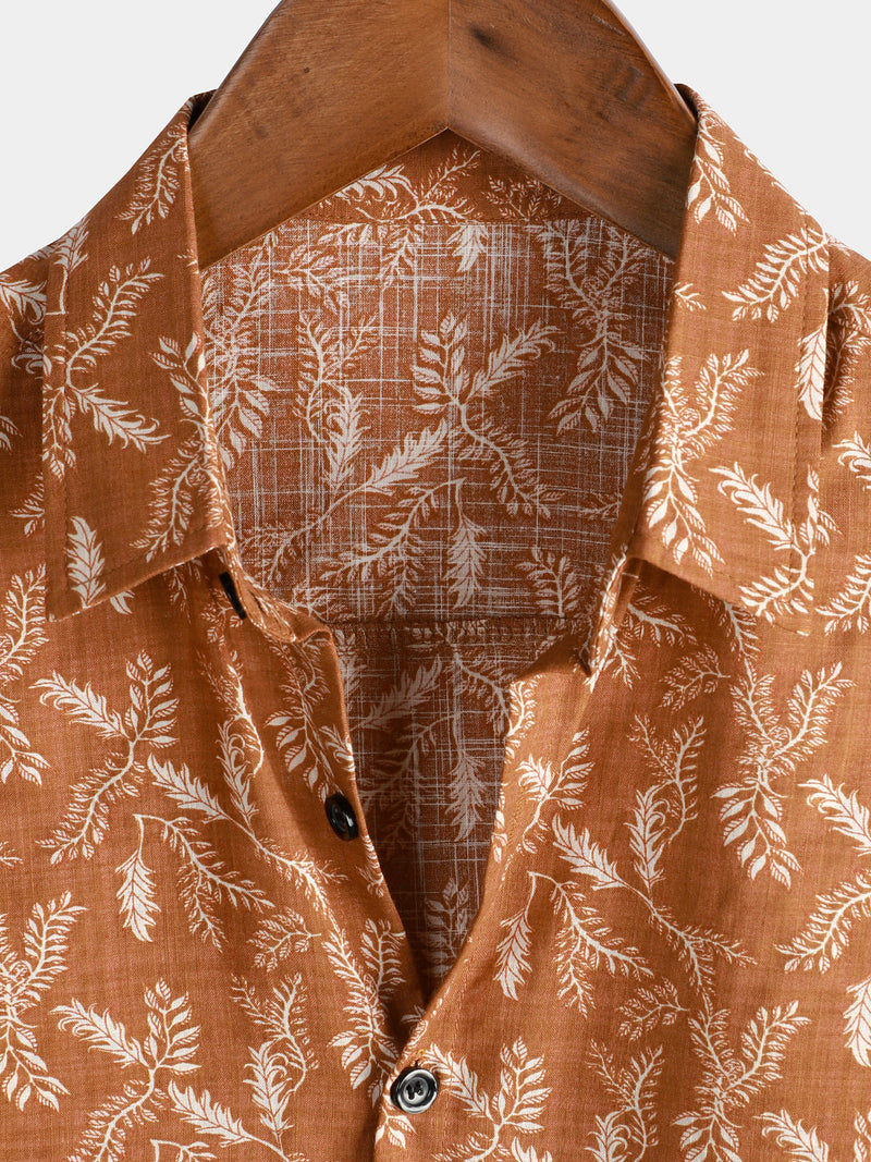 Men's Floral Print Vintage Brown Flower Holiday Cotton Retro Short Sleeve Breathable Button Up Shirt