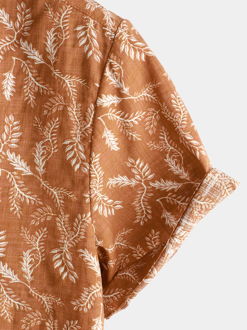 Men's Floral Print Vintage Brown Flower Holiday Cotton Retro Short Sleeve Breathable Button Up Shirt