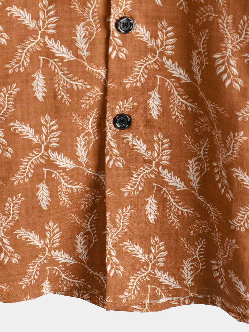 Men's Floral Print Vintage Brown Flower Holiday Cotton Retro Short Sleeve Breathable Button Up Shirt