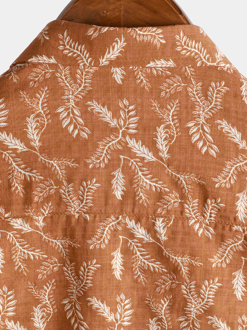 Men's Floral Print Vintage Brown Flower Holiday Cotton Retro Short Sleeve Breathable Button Up Shirt