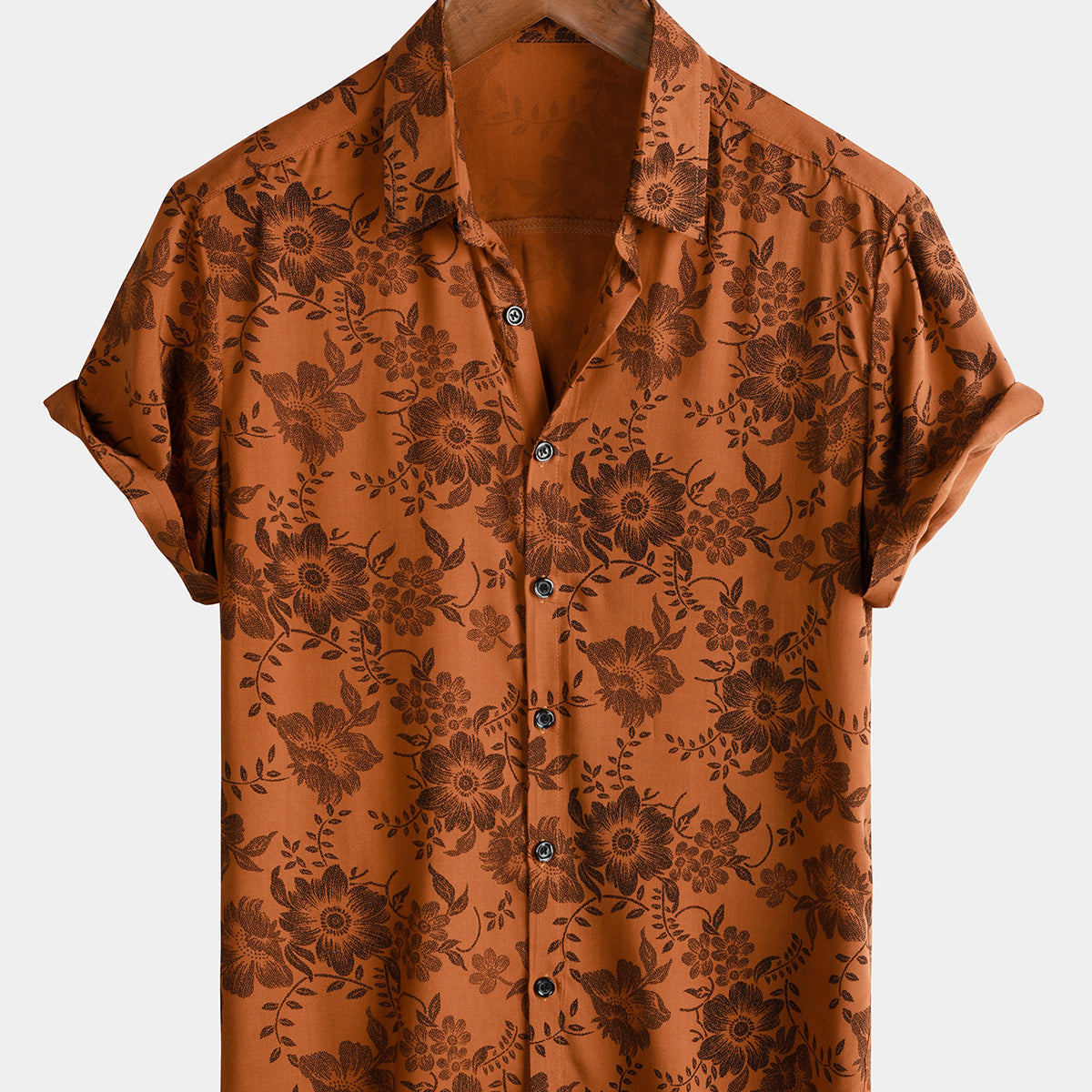 Men's Brown Floral Print Vintage Flower Holiday Breathable Short Sleeve Button Up Shirt