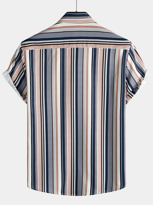Mens Colorful Stripe Pattern Lapel Short Sleeve Casual Shirts