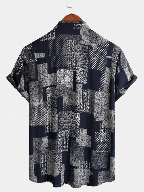 Men's Patchwork Print Daisy Floral Vintage Retro Holiday Short Sleeve Button Up Shirt