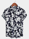 Men's Summer Floral Print Navy Blue and White Flower Holiday Short Sleeve Button Shirt