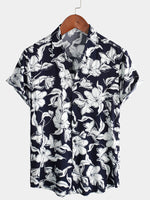Men's Summer Floral Print Navy Blue and White Flower Holiday Short Sleeve Button Shirt