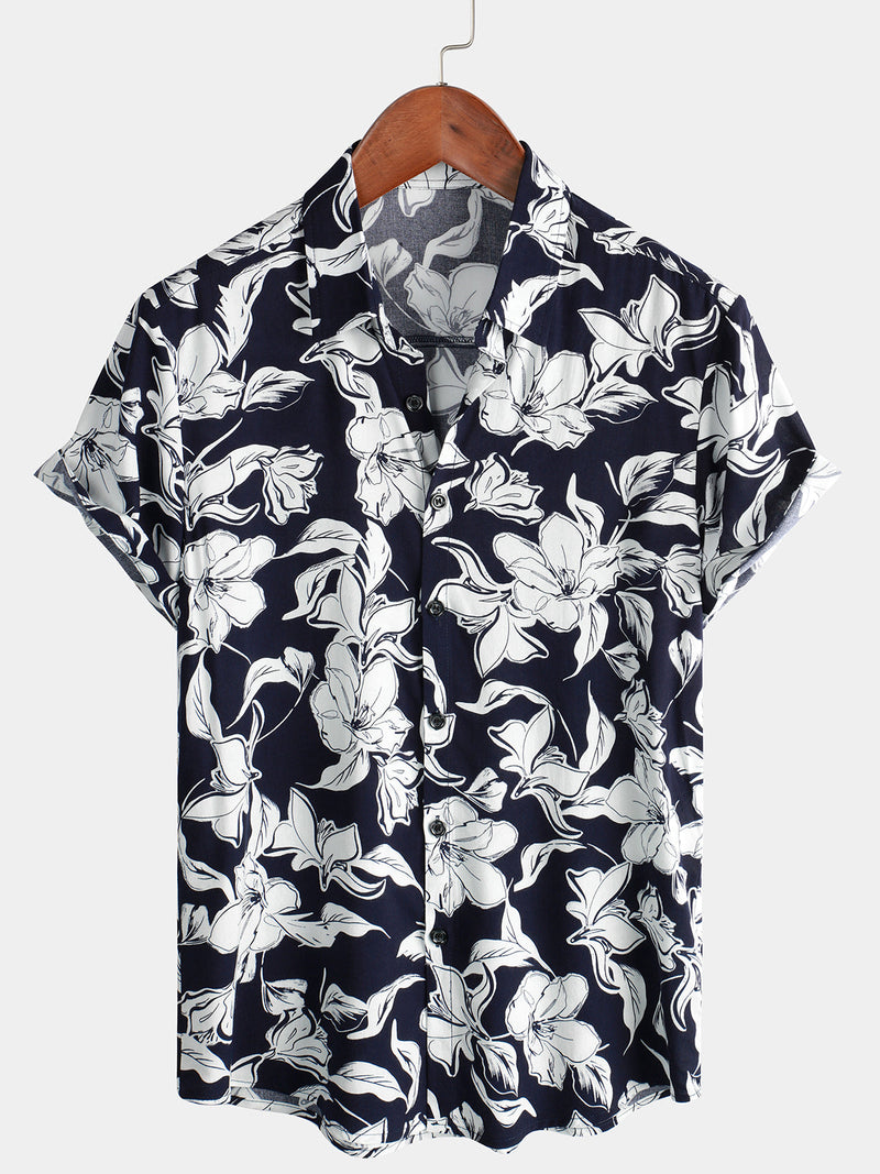 Men's Summer Floral Print Navy Blue and White Flower Holiday Short Sleeve Button Shirt