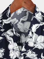 Men's Summer Floral Print Navy Blue and White Flower Holiday Short Sleeve Button Shirt