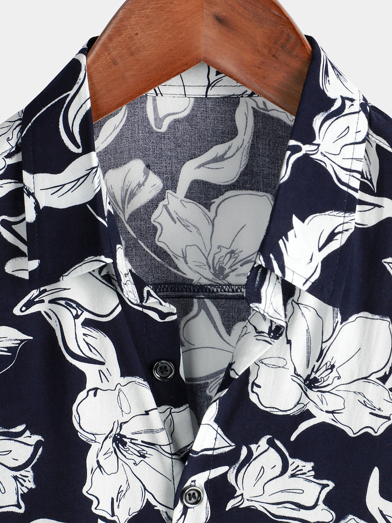 Men's Summer Floral Print Navy Blue and White Flower Holiday Short Sleeve Button Shirt