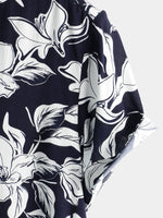 Men's Summer Floral Print Navy Blue and White Flower Holiday Short Sleeve Button Shirt