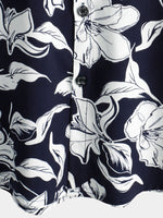 Men's Summer Floral Print Navy Blue and White Flower Holiday Short Sleeve Button Shirt