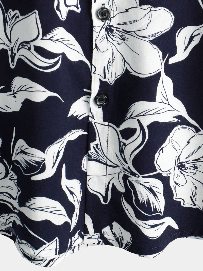 Men's Summer Floral Print Navy Blue and White Flower Holiday Short Sleeve Button Shirt