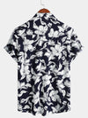 Men's Summer Floral Print Navy Blue and White Flower Holiday Short Sleeve Button Shirt