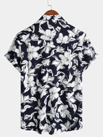 Men's Summer Floral Print Navy Blue and White Flower Holiday Short Sleeve Button Shirt