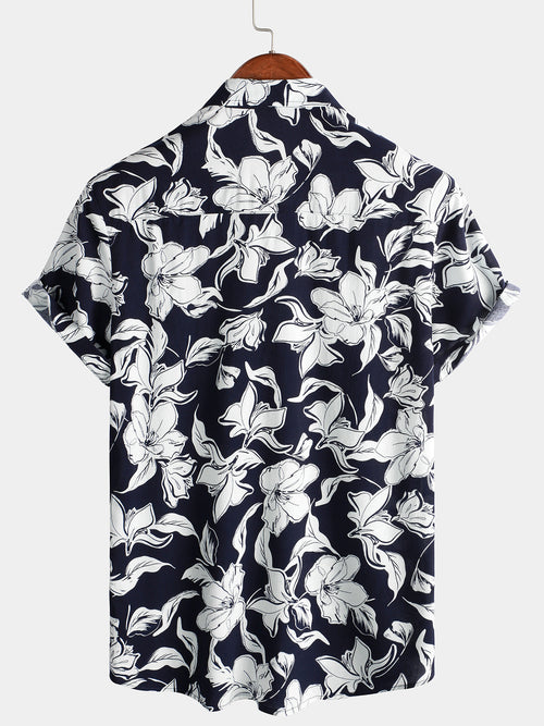 Men's Summer Floral Print Navy Blue and White Flower Holiday Short Sleeve Button Shirt