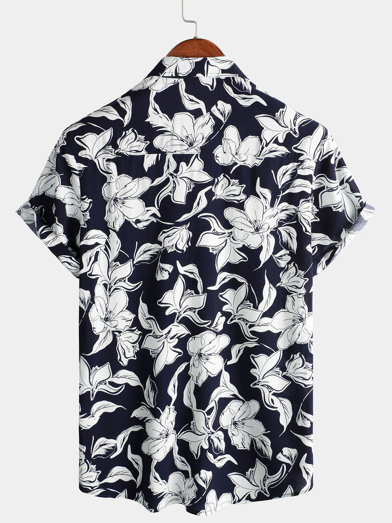 Men's Summer Floral Print Navy Blue and White Flower Holiday Short Sleeve Button Shirt