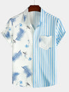 Men's Blue Striped & Leaf  Print Summer Short Sleeve Shirt