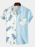 Men's Blue Striped & Leaf  Print Summer Short Sleeve Shirt