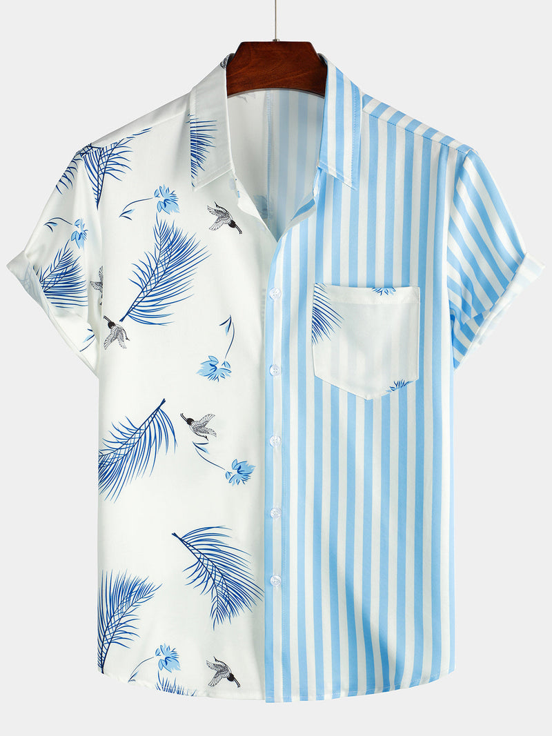Men's Blue Striped & Leaf  Print Summer Short Sleeve Shirt