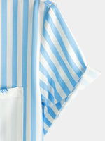 Men's Blue Striped & Leaf  Print Summer Short Sleeve Shirt