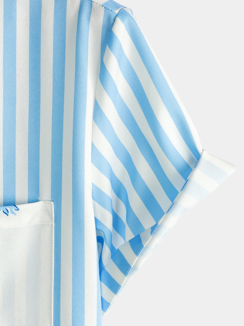 Men's Blue Striped & Leaf  Print Summer Short Sleeve Shirt